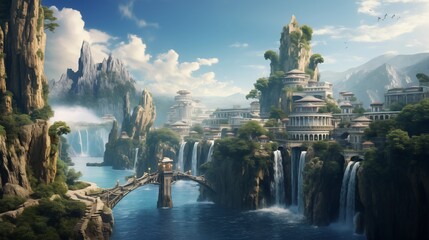 Fantasy city landscape, cliffs and waterfalls, Atlantis, white stone, coastal water island...
