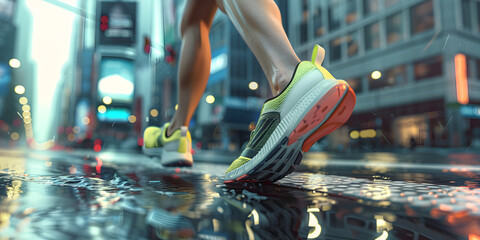 Cropped image of athlete runner runs on road, photographhed in motion, wears comfortable sneakers, takes part in maraphone. Focus on foot. Sportsman leads healthy lifestyle, covers destination
