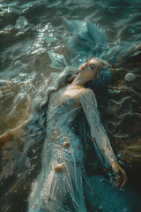 Fototapeta premium top view, aerial view of a mermaid or sea siren with blue hair laying on the azure water, wearing detailed dress from pearls, seashells and lace, dreamlike, fantasy, fairy tale fashion photography