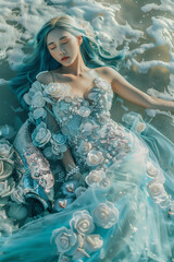 top view, aerial view of a mermaid or sea siren with blue hair laying on the azure water, wearing detailed dress from pearls, seashells and lace, dreamlike, fantasy, fairy tale fashion photography