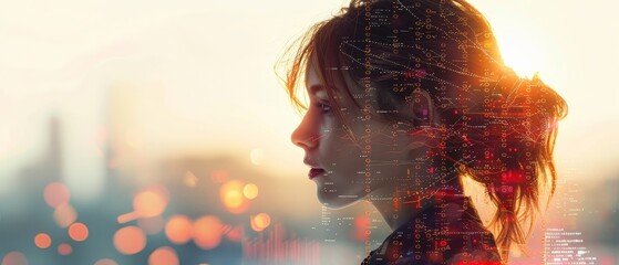 A Scandinavian womans profile in a hyperrealistic double exposure, one side graced by AI data ribbons, the other showing holographic financial charts,