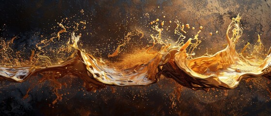 Abstract 3D artwork featuring dynamic brown oil waves and splashes against a dark sepia and black background, enriched with golden textures,