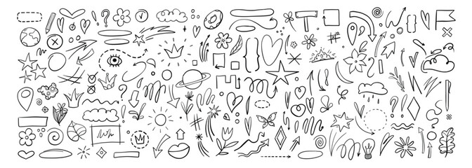 Decorative hand drawn shapes. Outline crown, doodle pointer and heart frame. Doodles lines elements, ink line arrow and flower calligraphy sign sketch. Isolated vector illustration symbols set