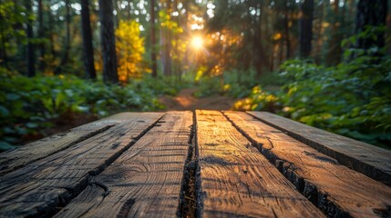 Obraz premium Rustic Wooden Table Top with Forest Background Generative AI