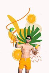 Obraz premium Vertical photo collage of happy guy hold cocktail beverage summer travel resort trip make selfie stick photo isolated on painted background