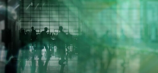 A high tech city background with people in a waiting room and an overlay of translucent skyscrapers in deep blur with green color correction