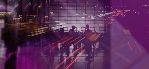 A high tech city background with people in a waiting room and high rise buildings above a highway in deep blur with lilac color correction