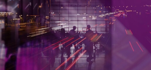 A high tech city background with people in a waiting room and high rise buildings above a highway...