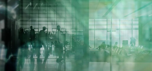 A high tech city background with people and bustle in the waiting room and an overlay of translucent skyscrapers in deep blur with green color correction