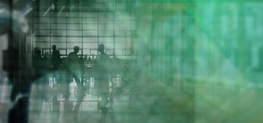 Tech modern city background with people and bustle in a waiting room in deep blur with green color...