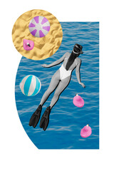 Vertical photo collage of girl wear swim equipment flippers tube mask explore undersea summer ocean...