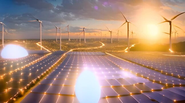A Glimpse into Tomorrow: 3D Rendering Clip Revealing a Smart Grid Renewable Energy System in Future Smart Cities at Sunset
