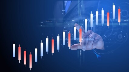 An animated symbol of a flying rocket, indicated by a point of light on the finger, shows the growth of indicators reflected by Chinese candlesticks against the background of moving AI electrons. Cg