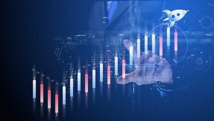 An animated symbol of a flying rocket, indicated by a point of light on the finger, shows the growth of indicators reflected by Chinese candlesticks against the background of moving AI electrons. Cg