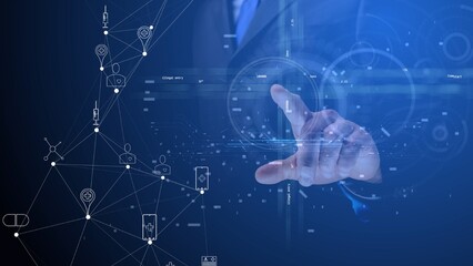 Cg symbols on a medical theme with a polygonal network against the background of a person pointing at them with his hand. Blue correction