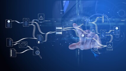 Cg icons with symbols of accumulation and exchange of information on the background of a businessman pointing his finger at them.