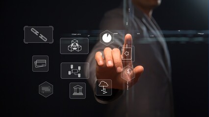 Cg symbols of global business with blockchain technology in the financial sector against the...