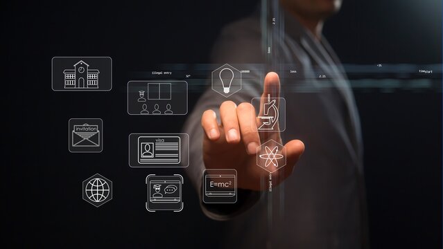 CG symbols of the new idea of global distance education and the development of science with blockchain technology in the nuclear field against the background of a person pointing at them with his hand