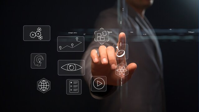 Cg symbols of the idea of global science with blockchain technology in the atomic sphere against the background of a person pointing at them with his hand and light rays with electrons of an AI chip