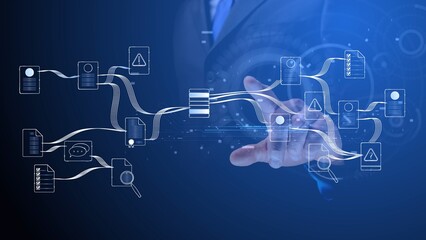 Cg icons with symbols of accumulation and exchange of information on the background of a businessman pointing his finger at them and translucent graphic symbols.