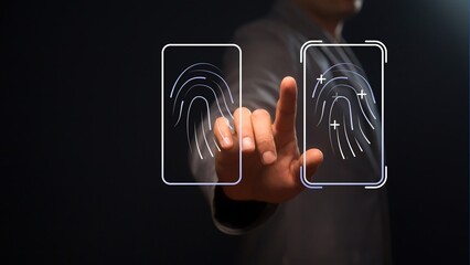Cg symbols of digitalization of biometric data against the background of a person reaching out to them. Enlarged fingerprint identification sensors