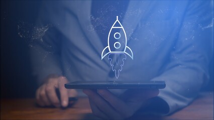 Cg symbolic image of a rocket flying upward over a tablet monitor in the hands of a businessman