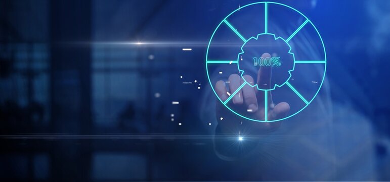 Cg pie chart with one hundred percent loading on the background of a male hand pointing at it in blue color correction - Powered by Adobe