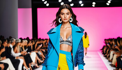 Elegant model showcasing vibrant high-fashion outfit on runway during Spring/Summer Fashion Week, demonstrating contemporary style and design trends