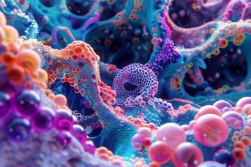 Obraz premium Transform Nanotechnology into a futuristic landscape showcasing microscopic details layered with vibrant colors, merging science and art