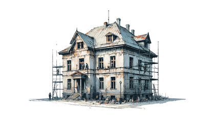 Vintage house undergoing renovation with scaffolding against a white backdrop, ideal for real estate restoration and historical preservation themes