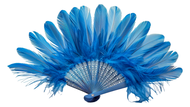 Luxurious blue feather fan open wide, cut out - stock png.
