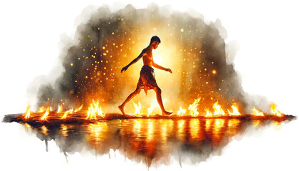 Silhouetted figure walking through fire and smoke, evoking concepts of bravery and rituals, related to events like firewalking ceremonies or transformation-themed festivals