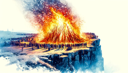 Crowd gathered around a massive bonfire at a winter solstice celebration, evoking themes of rebirth and the pagan holiday Yule