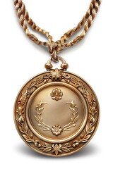 A gold medal set on a stark white background