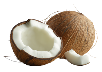 set of coconut on white background, topical fruits, cut out.