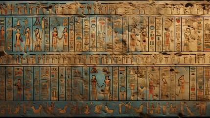 Hieroglyphics colorful wall. Ancient egypt.