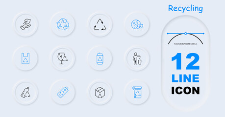 Ecology set icon. Recycling, plastic, reuse, glass, garbage, environmental pollution, bionomics, battery, lithium battery, hand and leaf, bottle, neomorphism. Environment care concept.