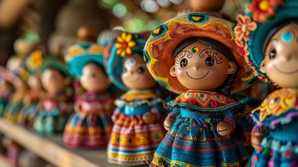 Close-up of Mexican Lupita dolls dressed in traditional attire, named after Guadalupe. A beautiful expression of cultural heritage and craftsmanship.