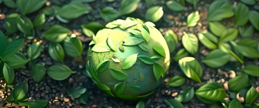 3D-rendered globe with a mosaic of green leaves, each leaf representing a pledge for sustainability