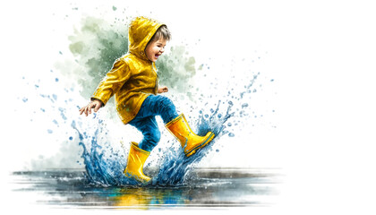 Joyful Caucasian child in yellow raincoat and boots playfully splashing water on wet surface, embodying childhood fun and spring or monsoon season
