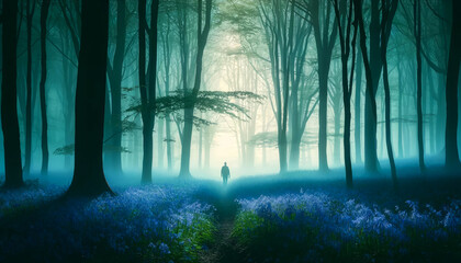 Solo hiker walking through a mystical foggy forest surrounded by bluebell flowers, evoking themes of Earth Day and nature exploration