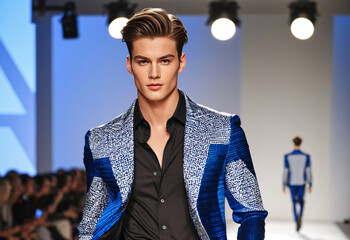 Fashion model male caucasian in a suit on a runway
