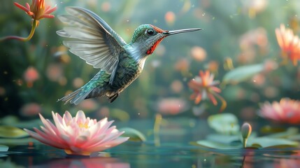 Fototapeta premium A hummingbird hovers near a lily pad in a pond, its long, thin beak poised to drink from the flower