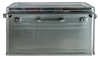 Silver medical freezer with top viewing window open, cut out - stock png.