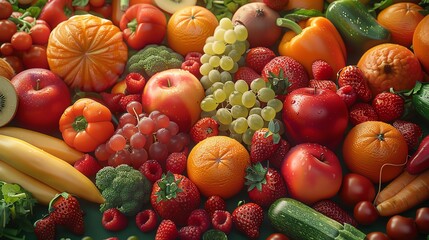 A variety of fruits and vegetables are arranged in a visually appealing way