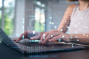 Woman typing on laptop at office workplace in background. Concept of working process, internet surfing, online business education. Student send e-mail. Close up view. Padlock icons