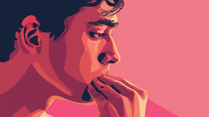 Handsome man biting nails on pink background closeup