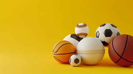 3D Render: Various Sports Balls on Yellow Surface