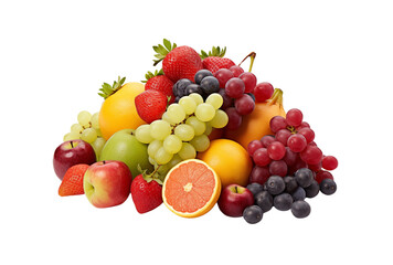 An assortment of fresh fruits, including berries, citrus, and grapes, arranged neatly against a transparent background. Generative AI