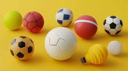 3D Render: Various Sports Balls on Yellow Surface